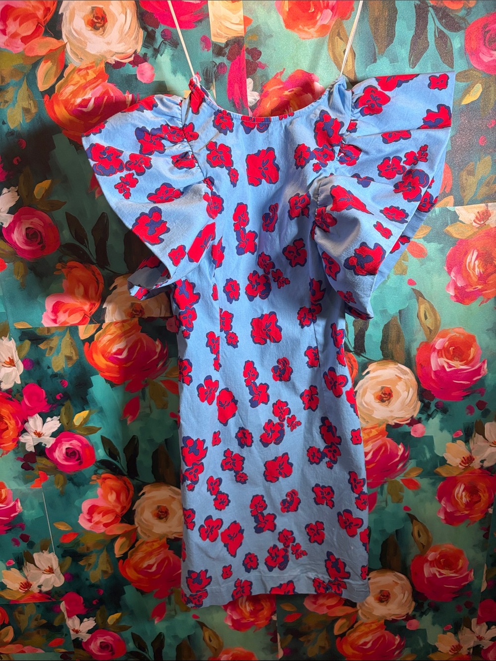 Blue Dress with Red Floral Print and Flutter Sleeves